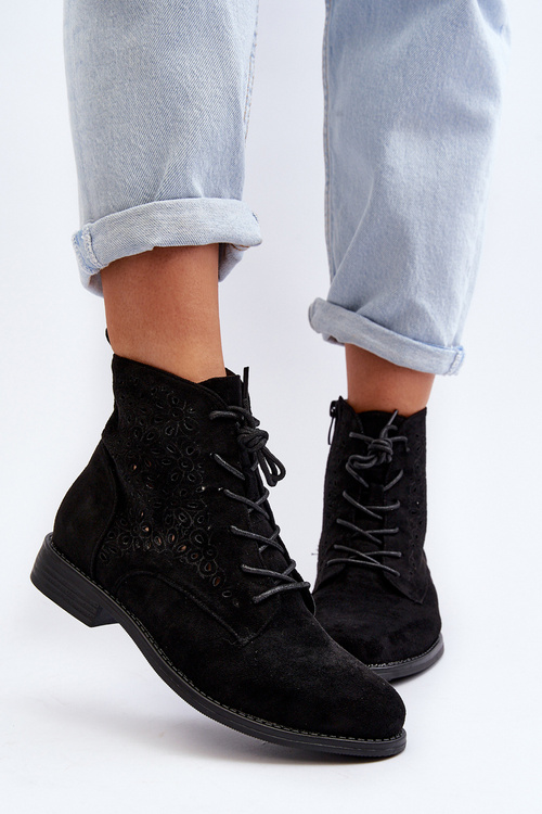 S.Barski HY66-136 Damskie Botki Ze Wzorem Czarne