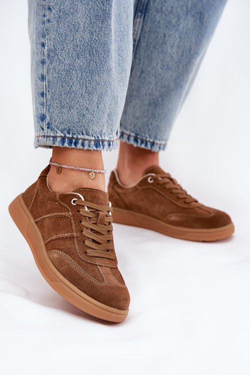 Zamszowe Niskie Sneakersy Damskie Brązowe Paliana