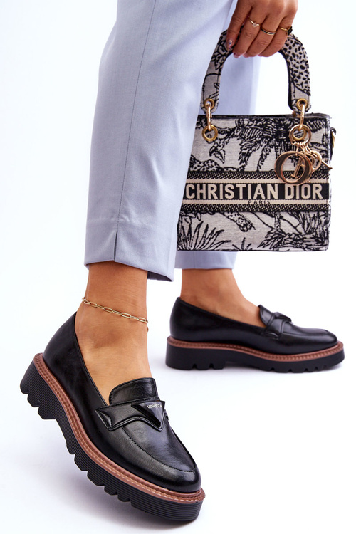 Skórzane Damskie Mokasyny Na Platformie Z Ozdobą Czarne Jonett