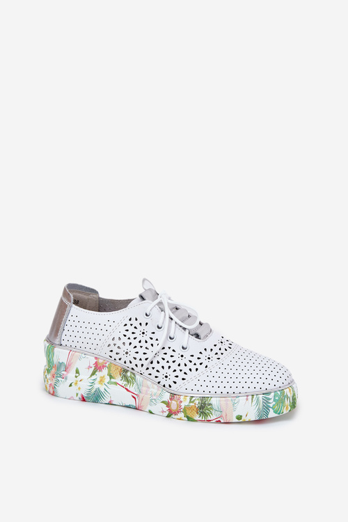 Skórzane Półbuty Damskie Na Koturnie Artiker 56C1799 Biało-Srebrne