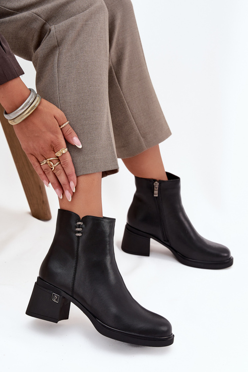 Skórzane Ocieplane Botki Damskie Na Klocku Vinceza 91159 Czarne