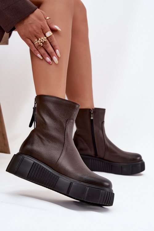Zazoo 60369 Damskie Skórzane Botki Na Platformie Czekoladowe