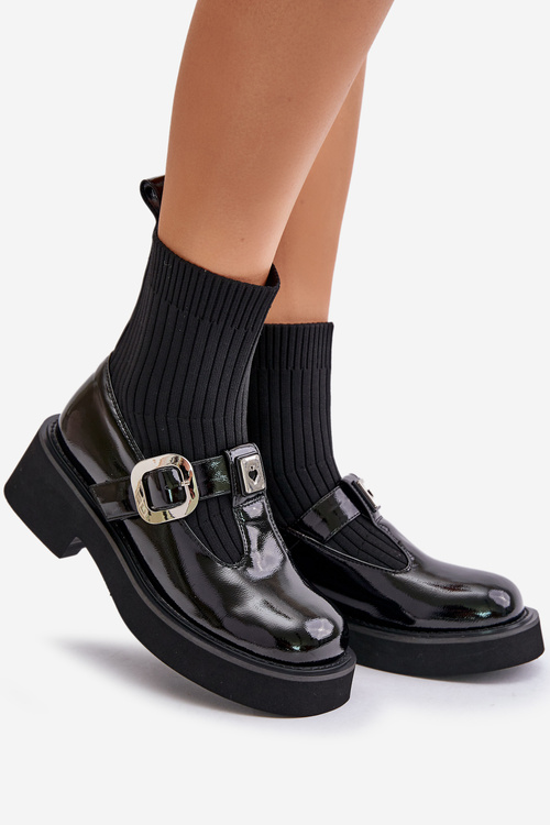 Lakierowane Botki Ze Skarpetą I Klamrą Wsuwane MR880-076 Czarne