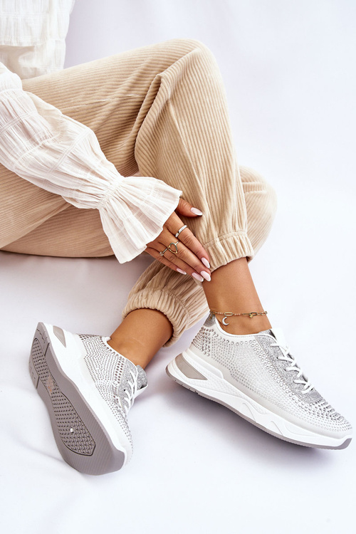 Damskie Sneakersy Z Cyrkoniami Białe Raiden
