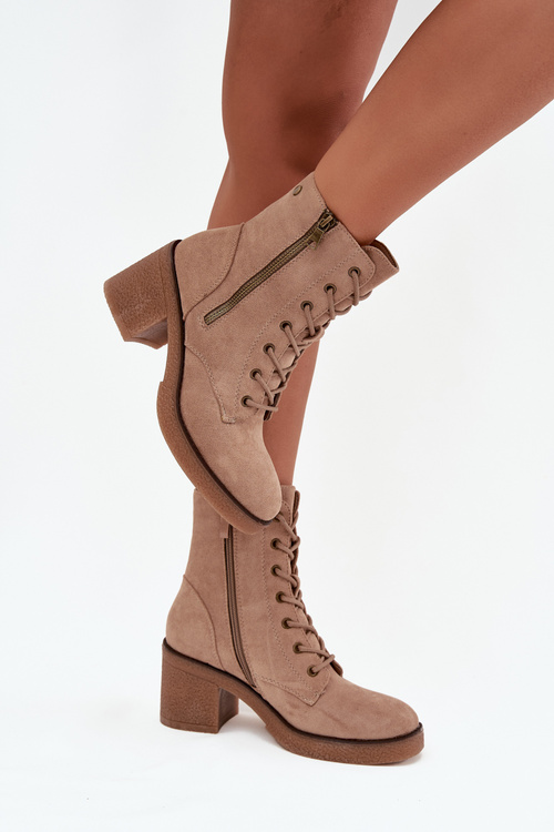 Ocieplane Botki Damskie Ze Sznurowaniem I Suwakami Beżowe Paressa