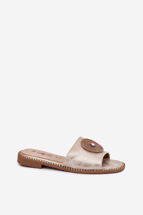 Klapki Damskie Na Płaskim Obcasie Z Ozdobą S.Barski KV51-013 Złote