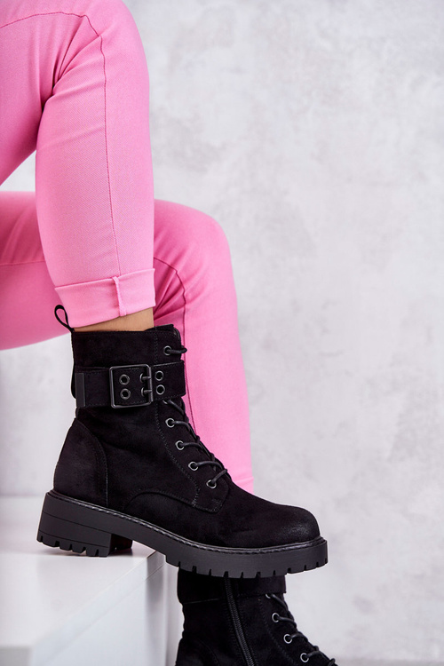 Damskie Botki Zamszowe Sznurowane Na Płaskim Obcasie Czarne Firmina