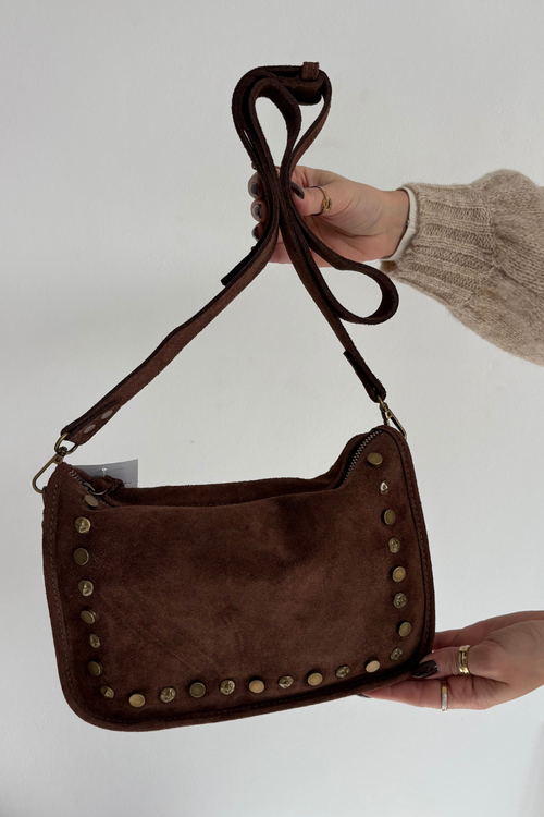 Skórzana Zamszowa Torebka Zdobiona Dżetami Brązowa Savra 