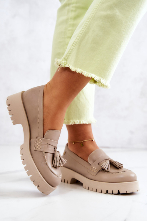 Damskie Skórzane Półbuty Frędzle Maciejka 05497-04 Beżowe