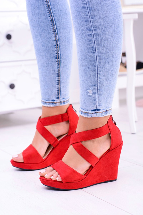 Wygodne Damskie Czerwone Sandały Koturny Mirabet