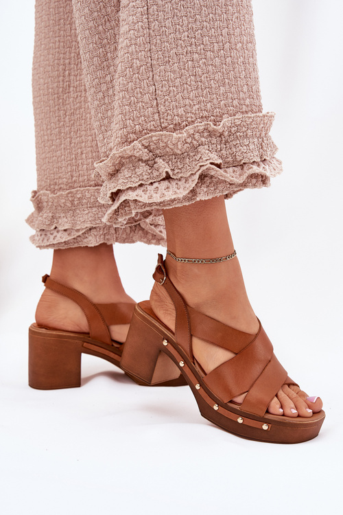 Skórzane Sandały Na Słupku Zazoo 1081 Brązowe