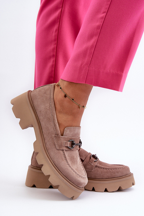 Masywne Mokasyny Damskie Zamszowe Beżowe Neloria