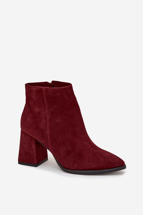 Botki Z Naturalnego Zamszu Obcas Słupek Ocieplane Bordowe Zazoo 3128