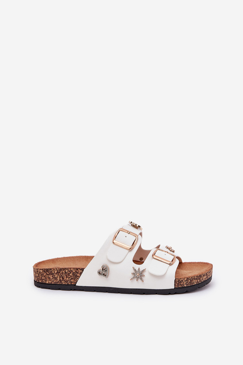 Klapki Damskie Na Korkowej Podeszwie Z Klamrami I Przypinkami Białe Efadelis