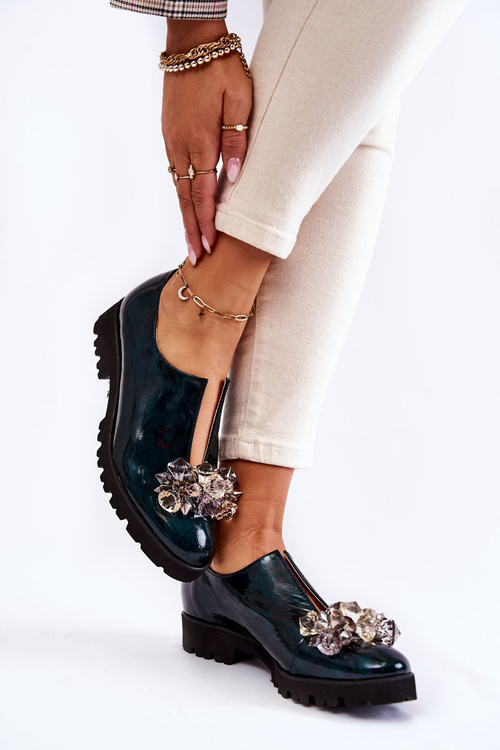 Eleganckie Lakierowane Półbuty Z Ozdobą Ciemnozielone Cindy