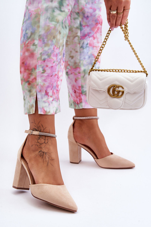 Zamszowe Czółenka Z Cyrkoniami Beżowe Diamond