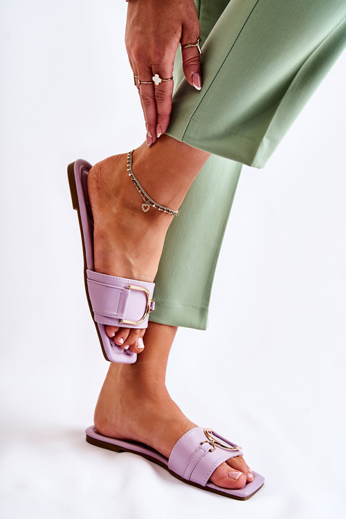 Damskie Skórzane Klasyczne Klapki Z Ozdobą Fioletowe Shilla