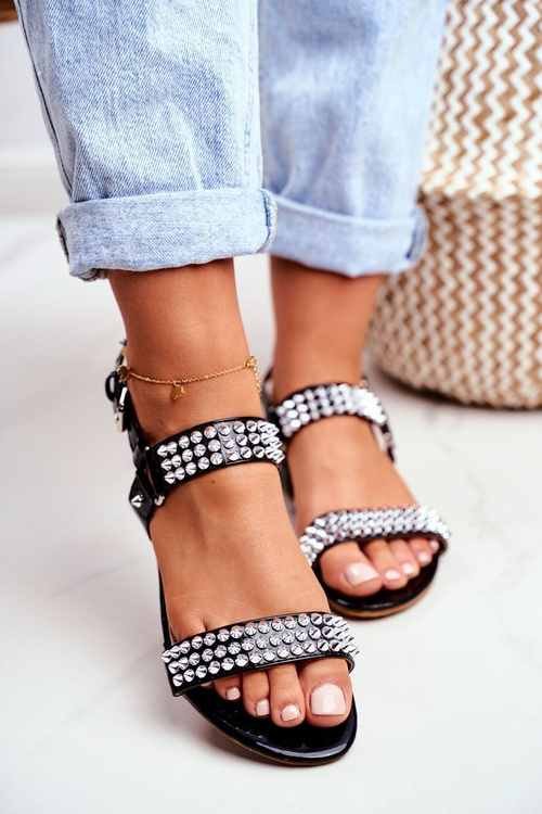 Czarne Damskie Płaskie Sandałki Lu Boo Z Ćwiekami Aldona