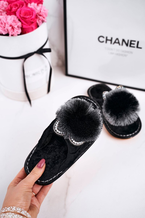 Dziecięce Klapki Papcie Z Pomponem Czarne Cinderella