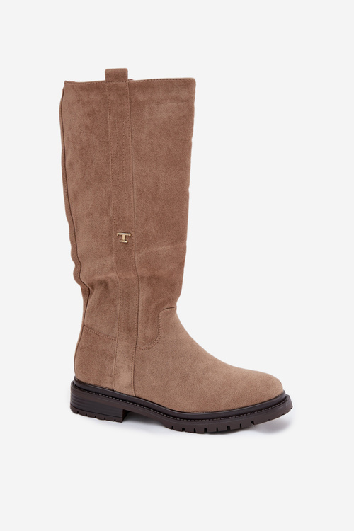 Kozaki Damskie Ocieplane Na płaskim Obcasie Eko Zamszowe Ciemnobeżowe Delyssa