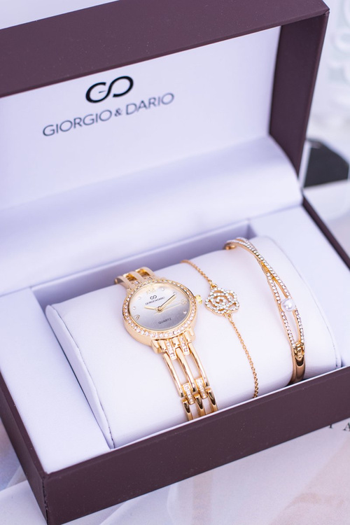 Zestaw Giorgio Dario Złoty Damski Zegarek Z Cyrkoniami Dwie Bransolety