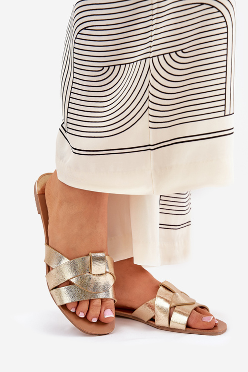 Płaskie Klapki Damskie Z Przeplatającymi Się Paskami Złote Selaenor