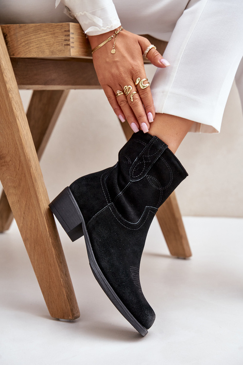 Zamszowe Botki Kowbojki Damskie Na Niskim Obcasie Ocieplane Sergio Leone BT284-S Czarne