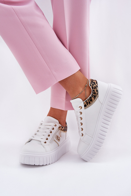 Buty Sportowe Damskie Na Platformie Z Eko Skóry Panterka Białe Velionna