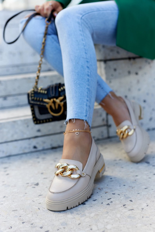 Damskie Skórzane Półbuty Loafery Beżowe Mollie