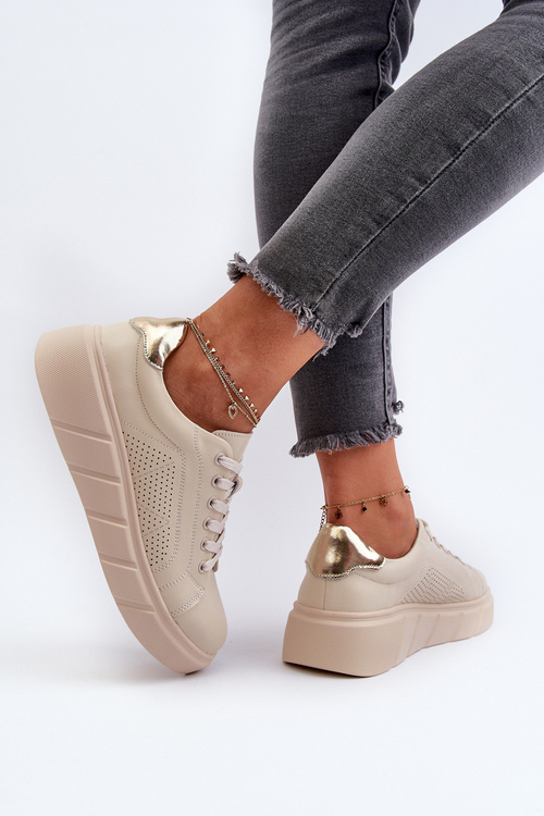 Damskie Skórzane Sneakersy Na Platformie Beżowe Gatira