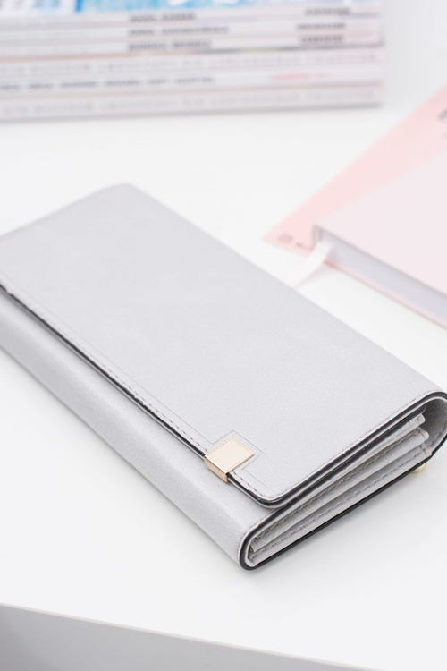 Duży Damski Szary Modny Portfel Złoty Zamek