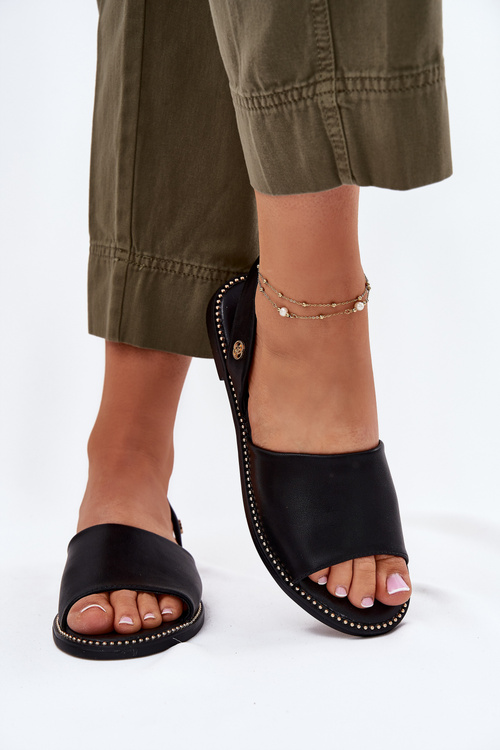 Sandały Damskie Na Płaskim Obcasie Eko Skórzane Czarne Dereka