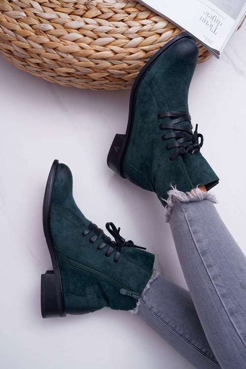 Botki Damskie Płaski Obcas Workery Zielone Teref