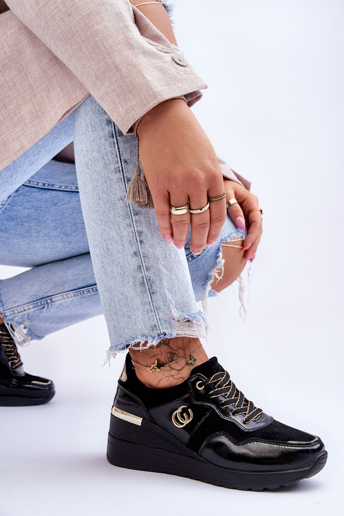 Damskie Skórzane Buty Sportowe Na Koturnie Czarne Rebeca