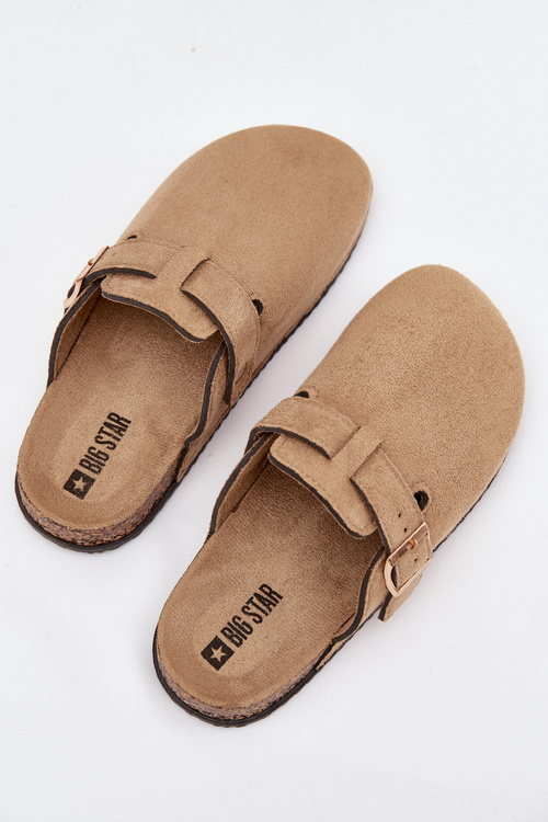 Klapki Chodaki Damskie Na Korkowej Platformie Ze Złotą Klamrą Big Star SS274738 Beżowe