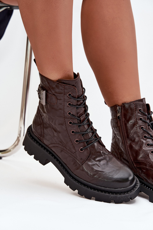 Skórzane Botki Damskie Z Efektem Marszczenia I Klamrą Artiker 57C1007 Czekoladowe