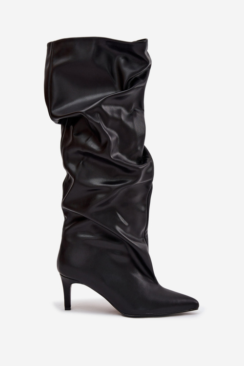 Kozaki Damskie Na Szpilce Wsuwane Z Marszczeniem Czarne Rosivine