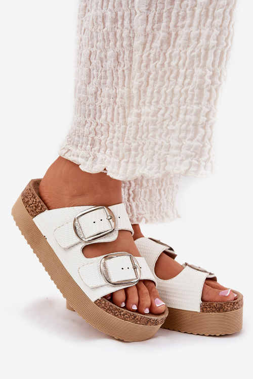 Klapki Damskie Platformie Z Klamrami Lee Cooper LCW-25-35-3496L Białe