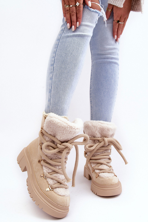 Trapery Śniegowce Damskie Z Wiązaniem Jasnobeżowe Shala