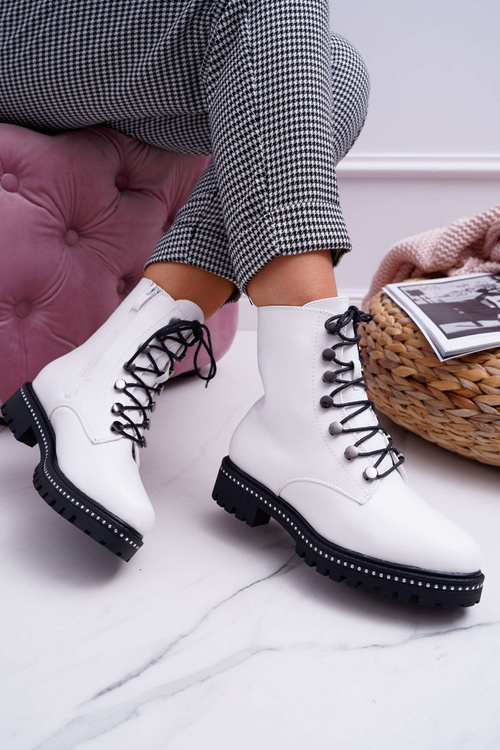 Botki Damskie Płaski Obcas Wysokie Glany Białe Buena