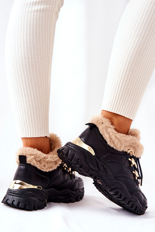 Skórzane Ocieplane Sportowe Buty Czarne Shiney