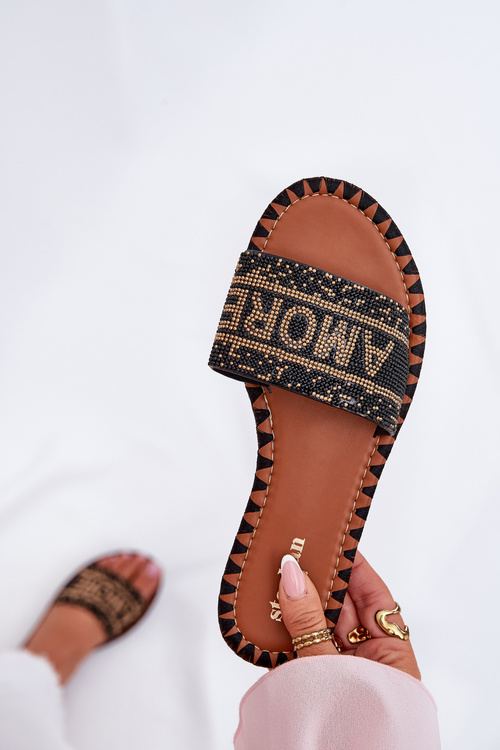 Klapki Damskie Na Płaskim Obcasie Ze Zdobieniem Czarne Dorfedi