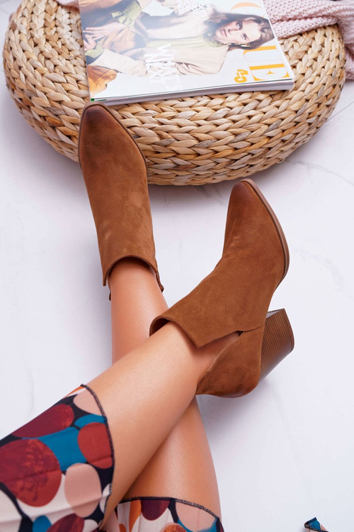 Botki Damskie Na Obcasie Wiosenne Skóra Zamsz Brązowe Nicole 2430