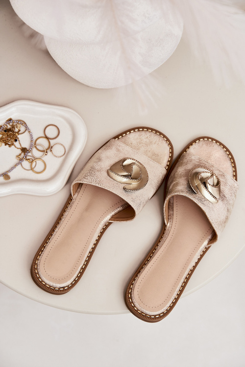 Klapki Damskie Na Płaskim Obcasie Z Ozdobnym Detalem KV51-007 Złote