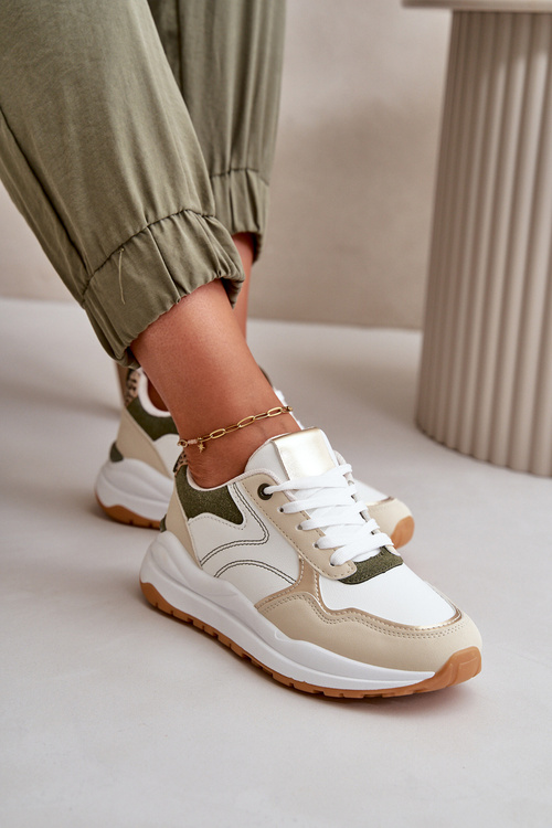 Sneakersy Damskie Na Platformie Z Eko Skóry Beżowo-Zielone Issatta