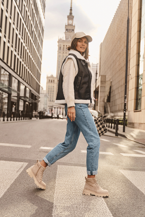 Zamszowe Trapery Botki Ocieplane Beżowe Alden