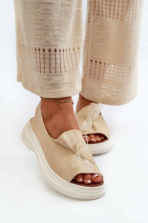 Zazoo 2939 Skórzane Sandały Damskie Z Kokardką Jasnobeżowe