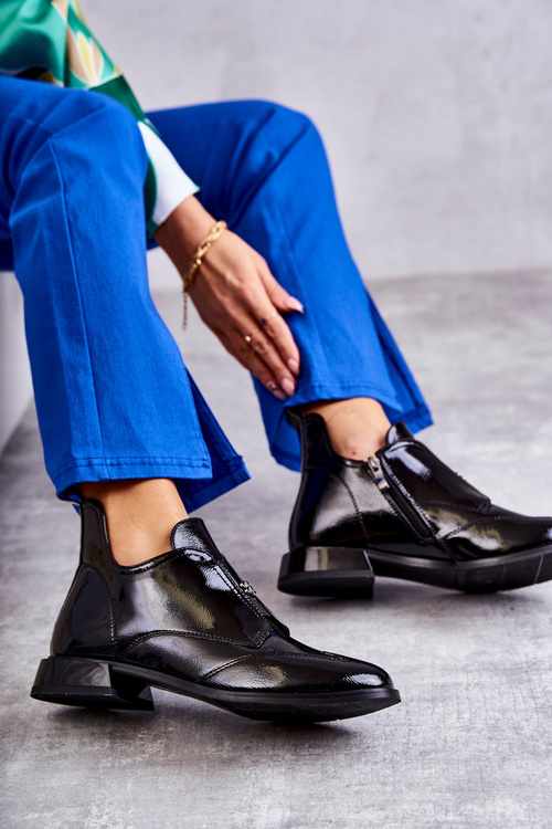 Lakierowane Niskie Botki Na Suwak Czarne Bettina