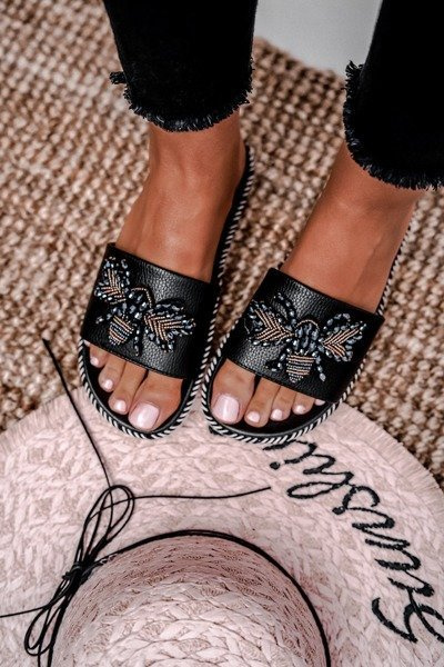 Damskie Klapki Z Ozdobą Czarne Tacos