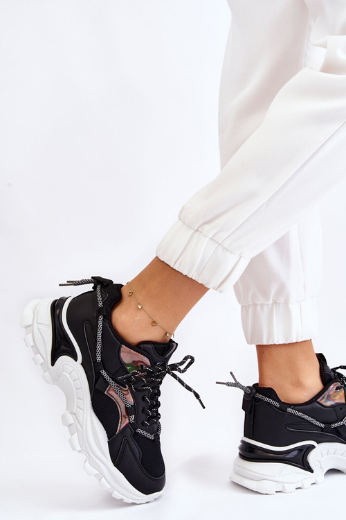 Damskie Buty Sportowe Sznurowane Na Platformie Czarne Minea